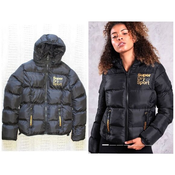 Superdry women's Gym Tech Gold Puffa Black Jacket Size Small Full Zip Pockets - Picture 1 of 10